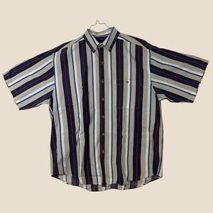 Timewear Mens Large Short Sleeve Button Down Shirt Striped Cotton Navy Tan Red